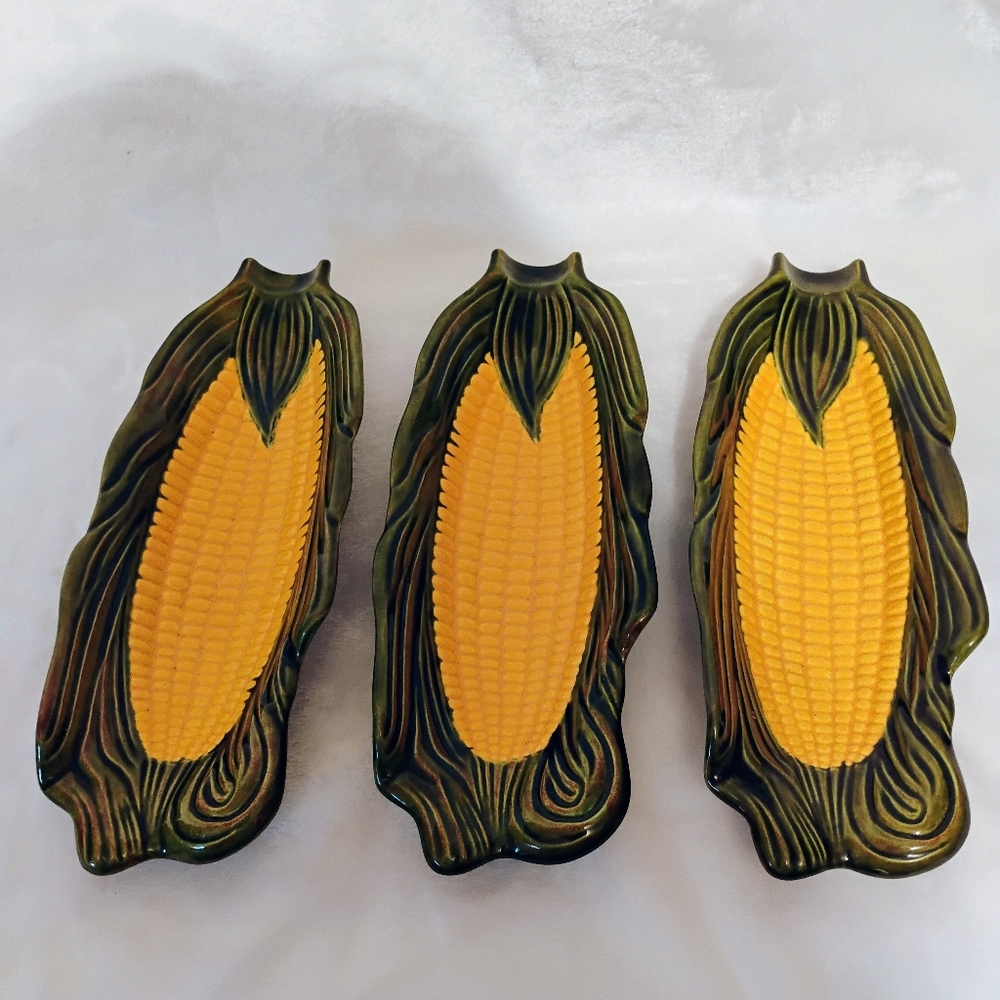 Set Of 3‎ Vintage Ear of Corn on the Cob Serving Dishes Plates Holders Ceramic